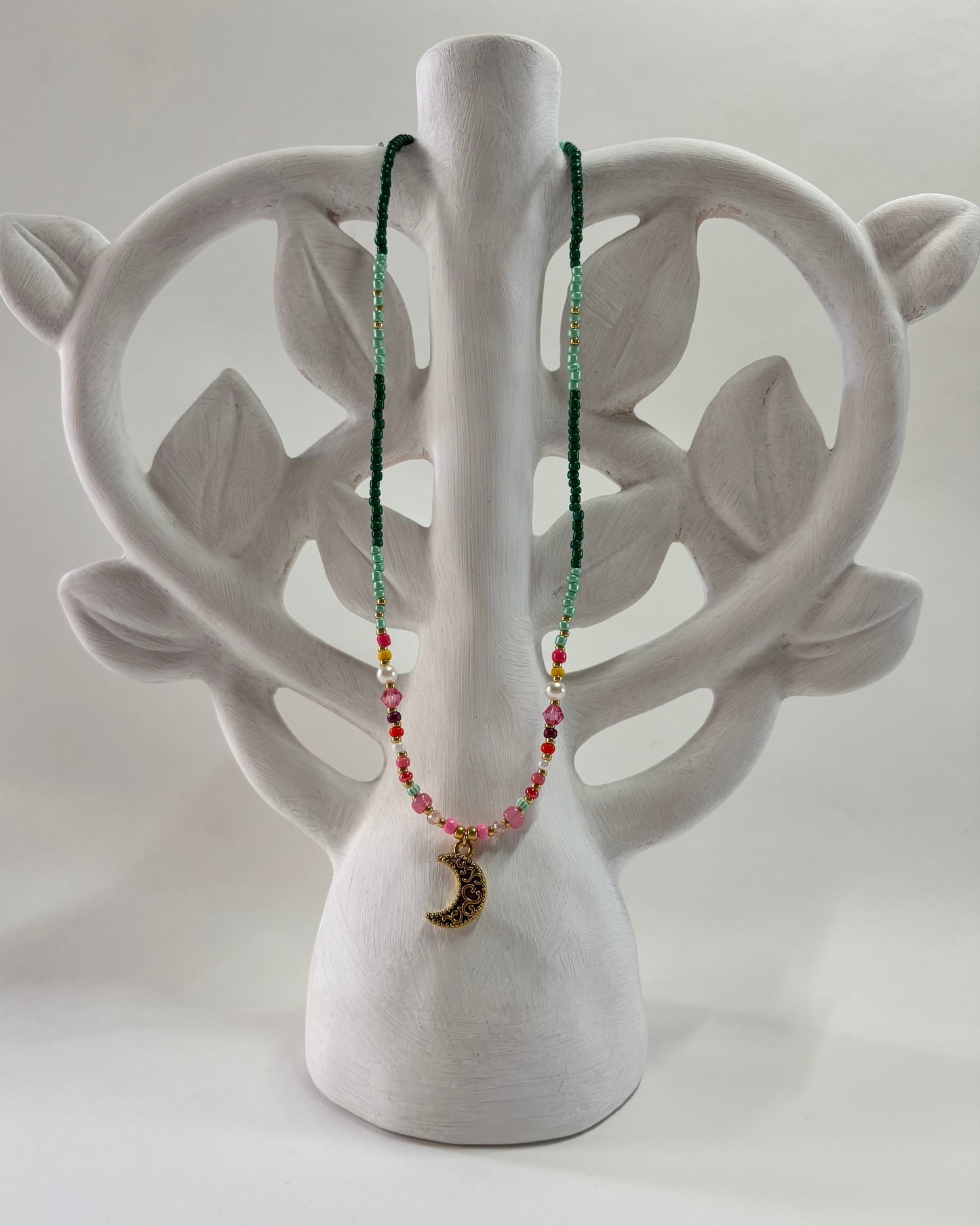 Handmade Beaded Necklace Green Moon