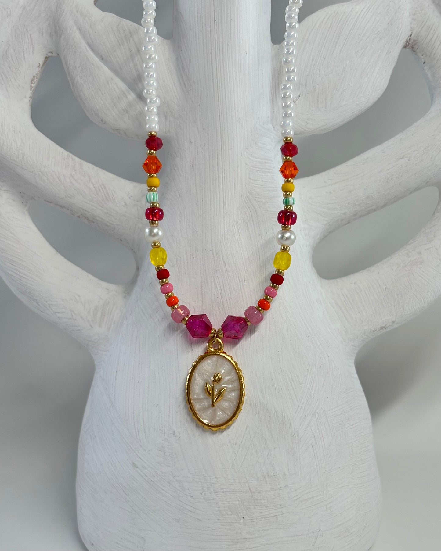 Handmade Beaded Necklace White Flower