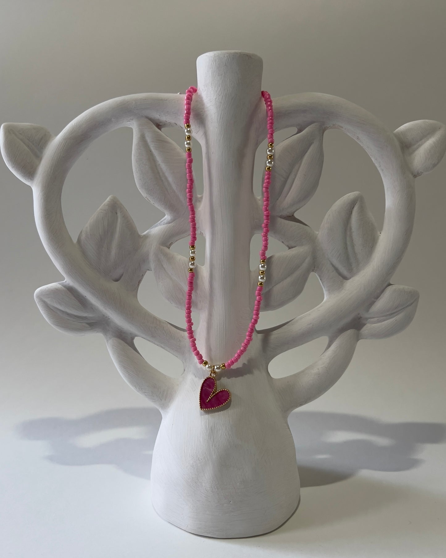 Handmade Beaded Necklace Neon Pink Heart