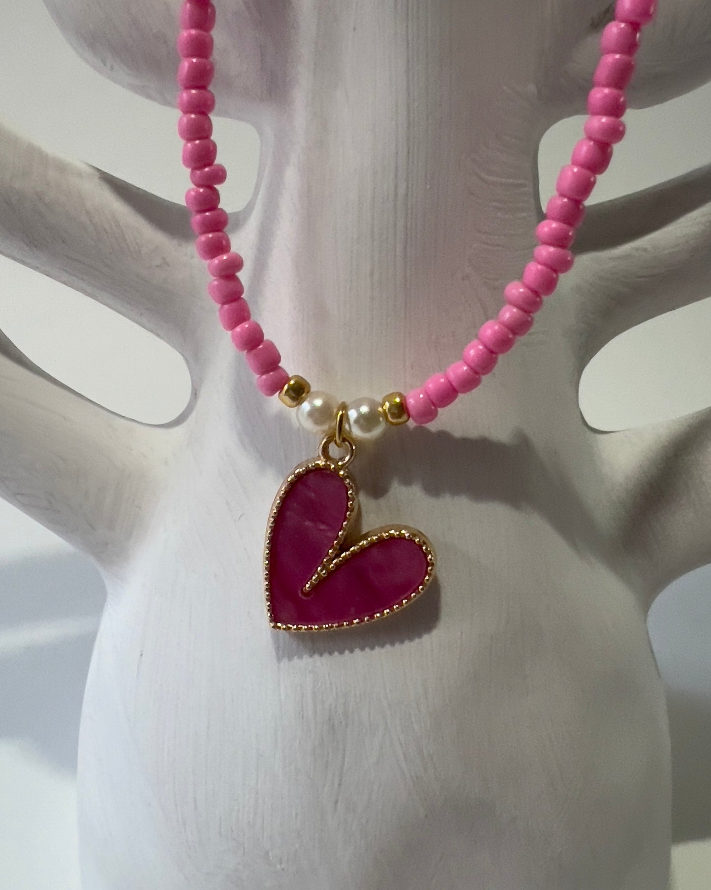 Handmade Beaded Necklace Neon Pink Heart