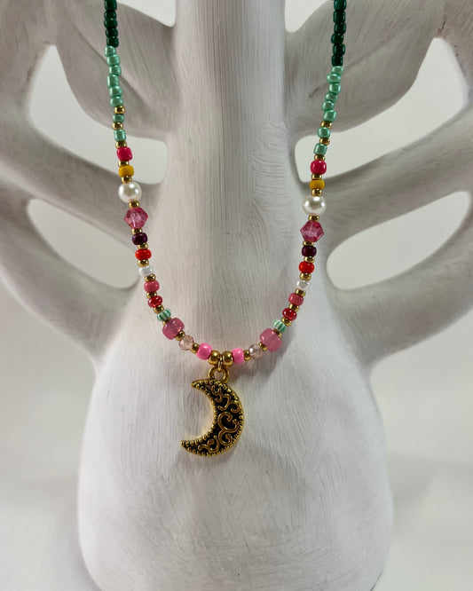 Handmade Beaded Necklace Green Moon