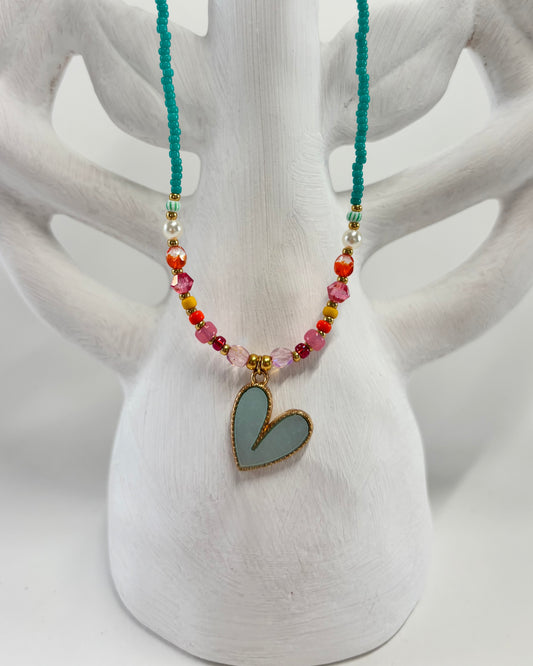 Handmade Beaded Necklace Blue Heart