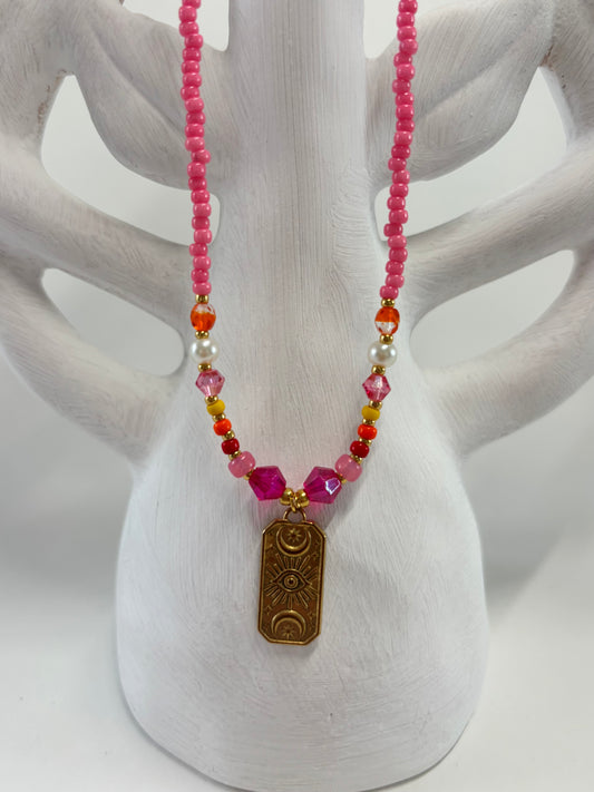 Handmade Beaded Necklace Pink Eye