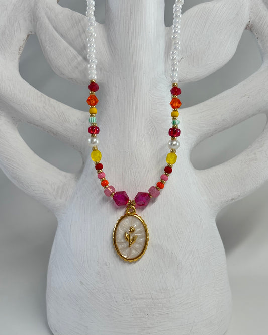 Handmade Beaded Necklace White Flower