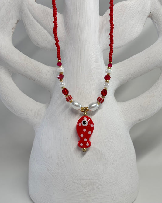 Handmade Beaded Necklace Red Fish