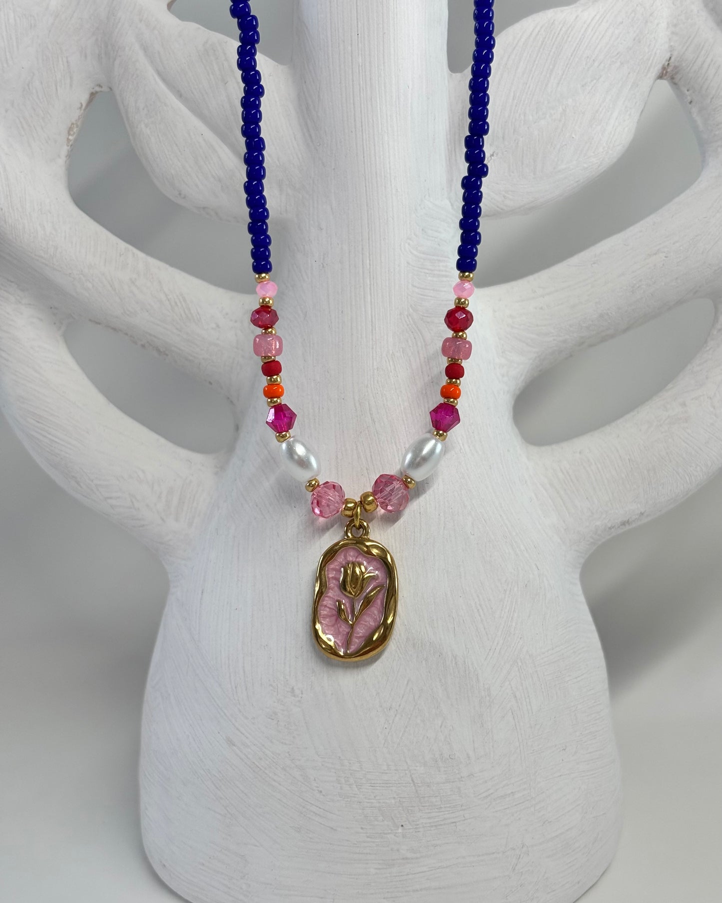 Handmade Beaded Necklace Blue Flower