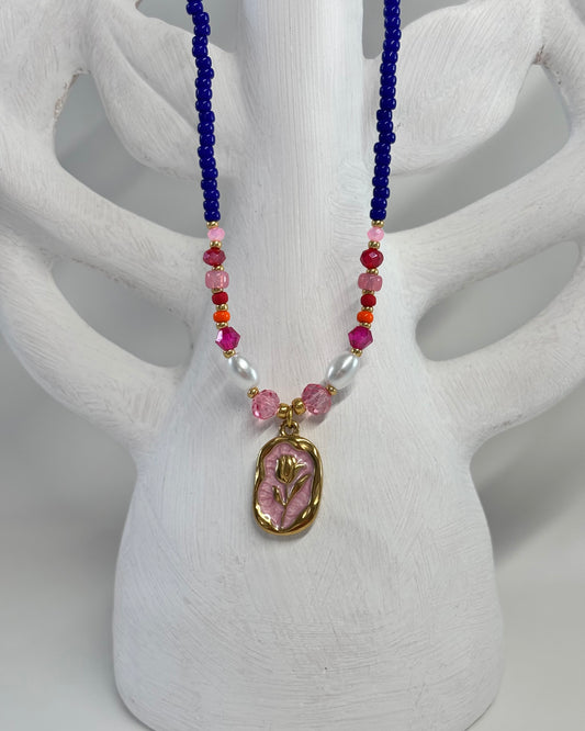 Handmade Beaded Necklace Blue Flower