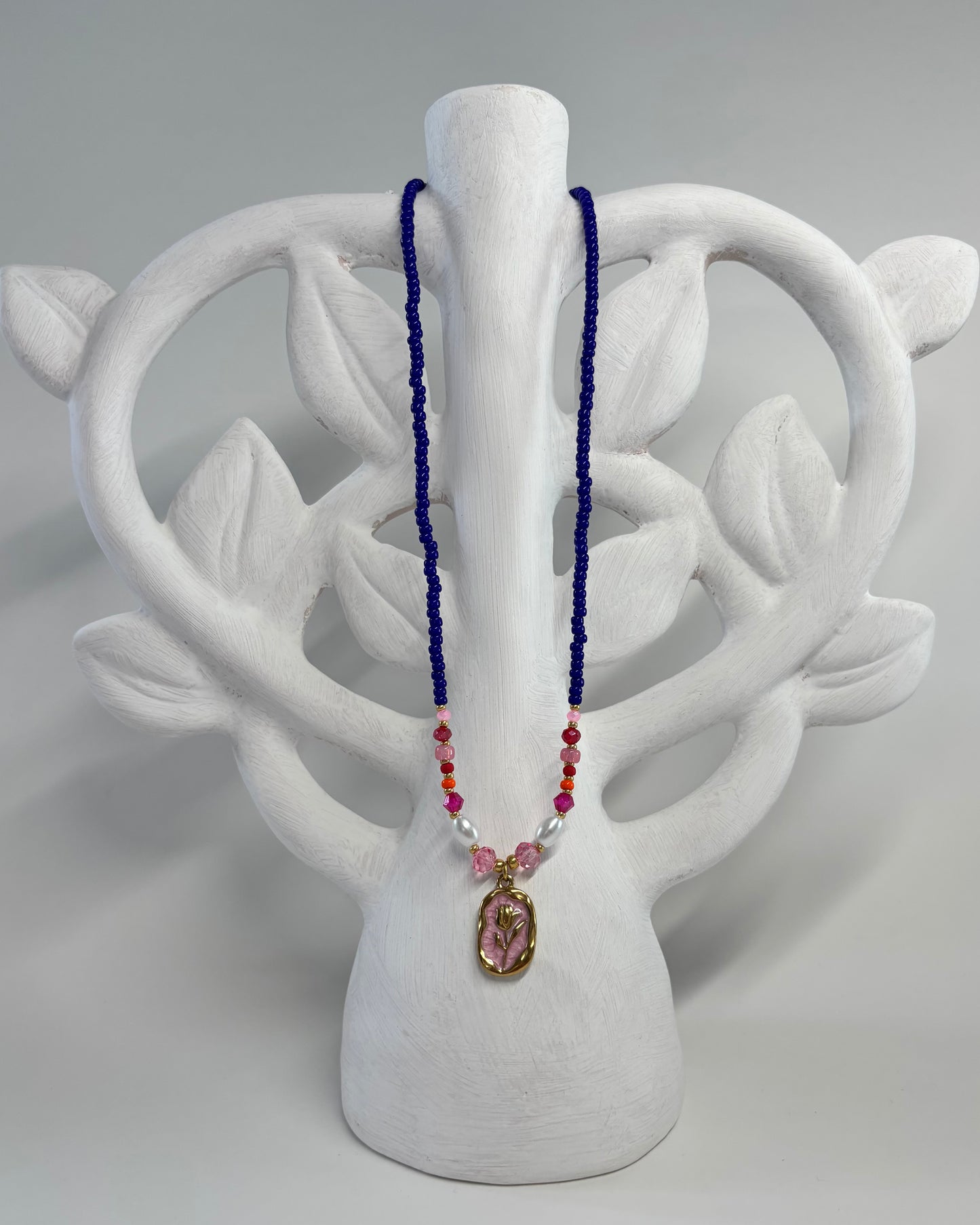 Handmade Beaded Necklace Blue Flower