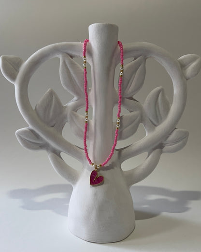 Handmade Beaded Necklace Neon Pink Heart