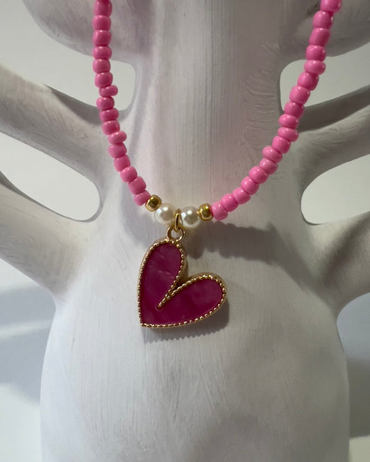 Handmade Beaded Necklace Neon Pink Heart